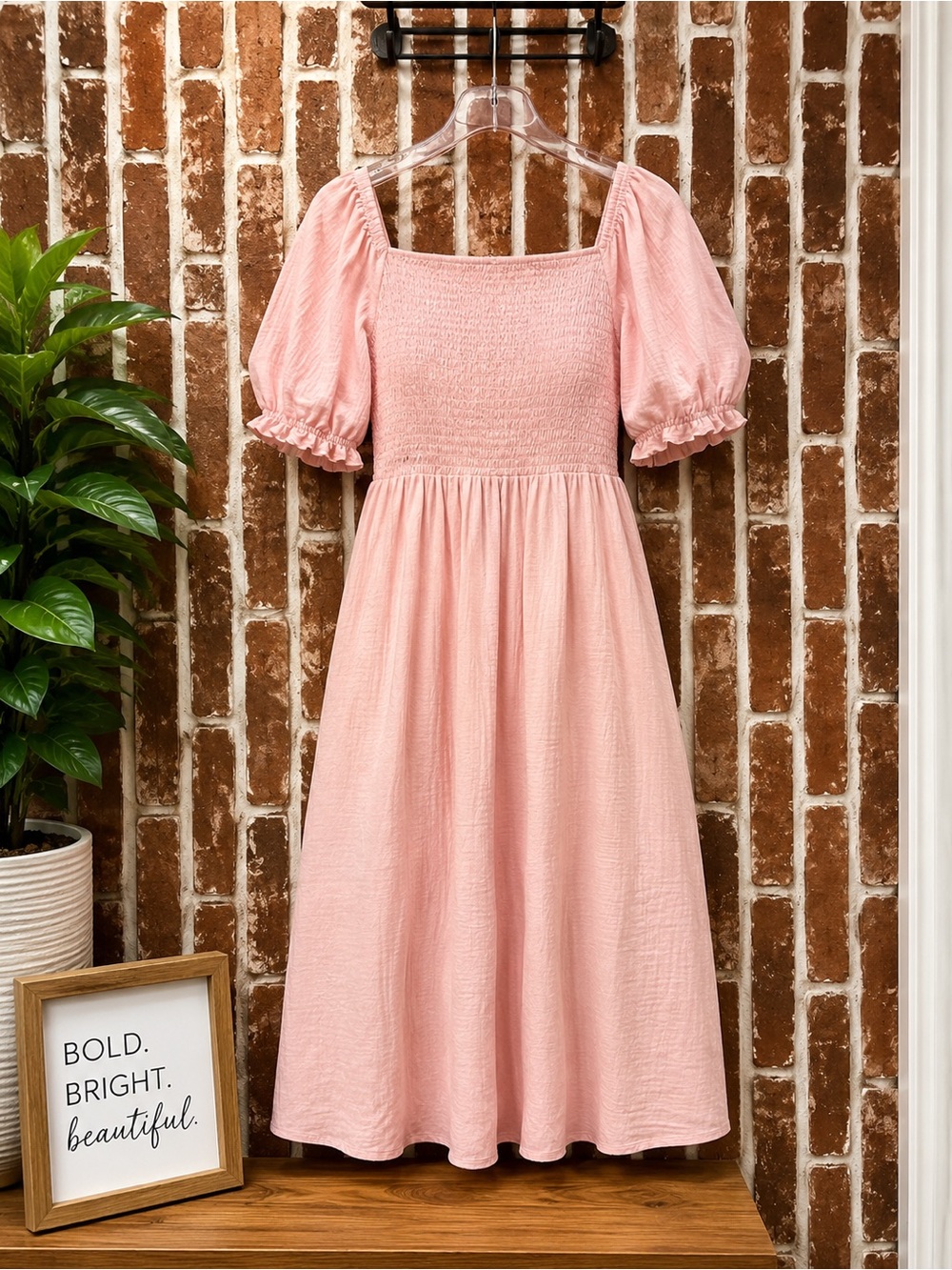 Smocked Square Neck Puff Sleeve Midi Dress - Pink Plus Sizes Hayden
